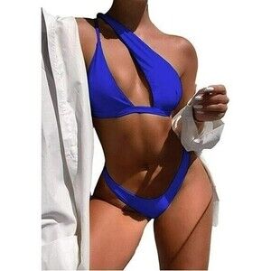 Womens Royal Blue One Shoulder Cut Out Bikini Swimsuit - Small